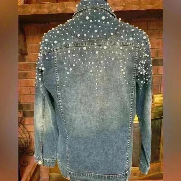QUACKER FACTORY PEARL & RHINESTONE WESTERN BLUE DENIM JEAN JACKET SHACKET SZ S-L - Picture 6 of 15
